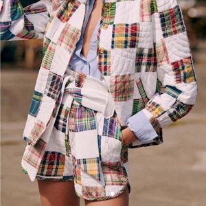 Sezane Multicolor Plaid Quilted Shorts with White Patchwork
